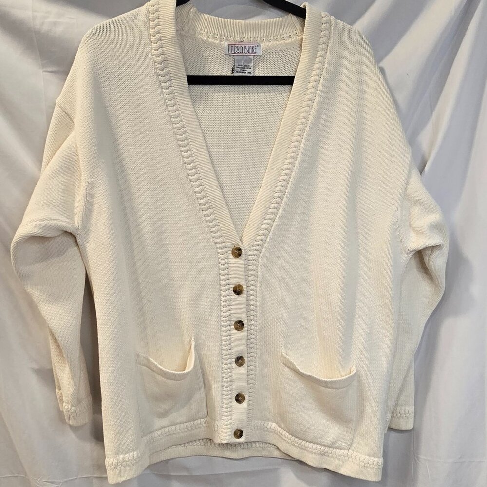 Lindsey Blake Button-up Cardigan Ivory  Size Large Knitted 100% Cotton